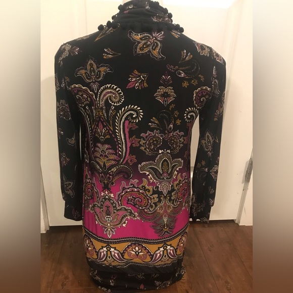 Bebe Black Paisley Multicoloured Tunic Long Sleeve Top with Neck Tie - Picture 2 of 12